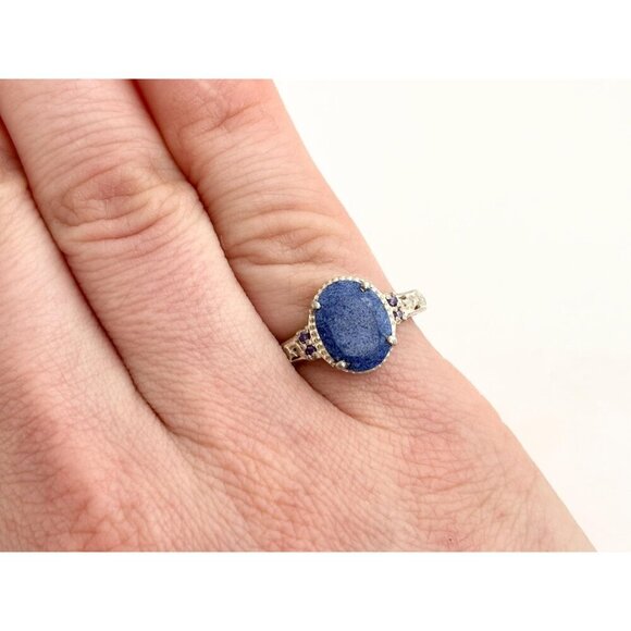 Lapis Lazuli Oval Cut Ornate Cutout Sterling Silver Vintage Ring - sz 4.75 - Picture 8 of 10